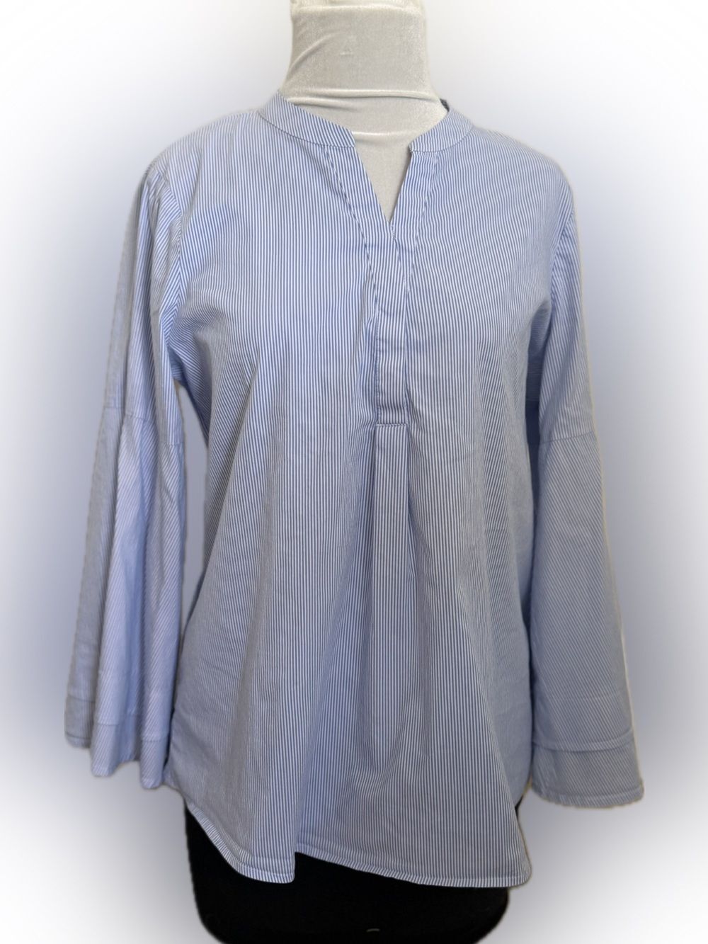 Ivanka Trump Blouse Womens Medium Blue Stripe Bell Sleeve Tunic Top